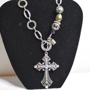 Renaissance Gothic Chunky Hammered Metal Chain Rhinestone Cross Charms Necklace